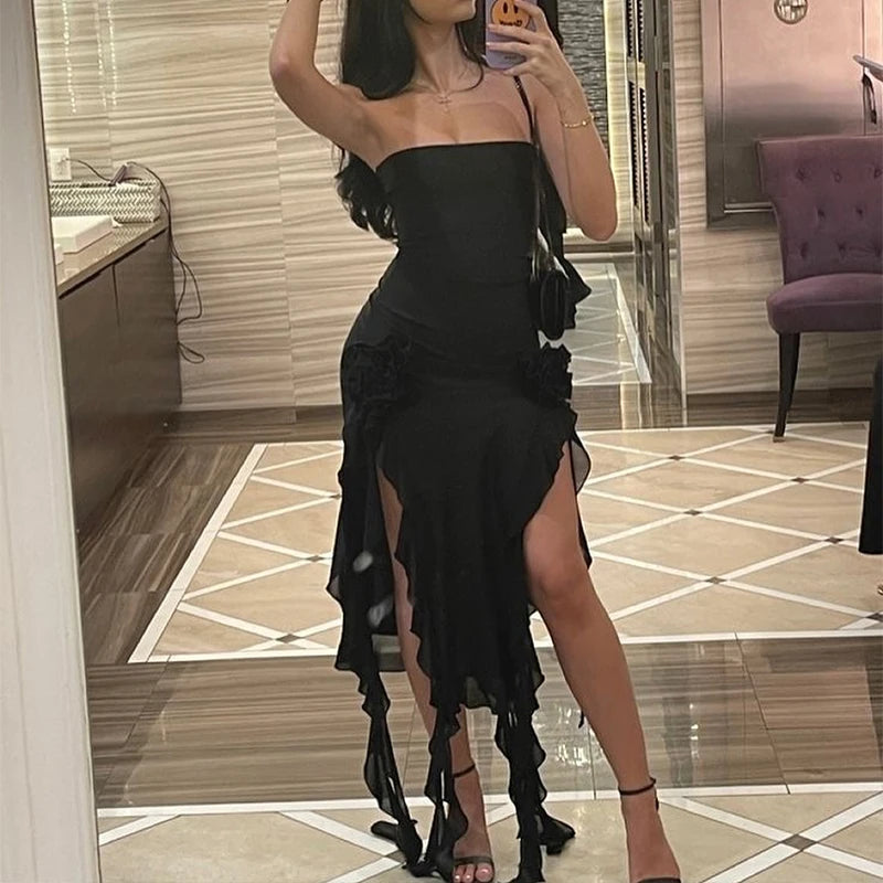 Mini Robe Fleurie Sans Bretelles Fente Haute Dos Nu — Soirée Femme