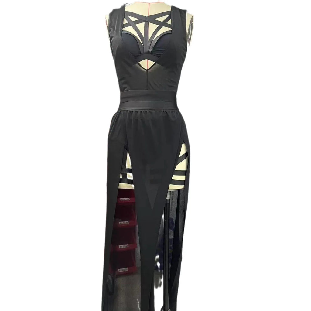 Ensemble Corset Goth 4 Pièces — Crop Top, Bandage & Jupe Fendue Mesh