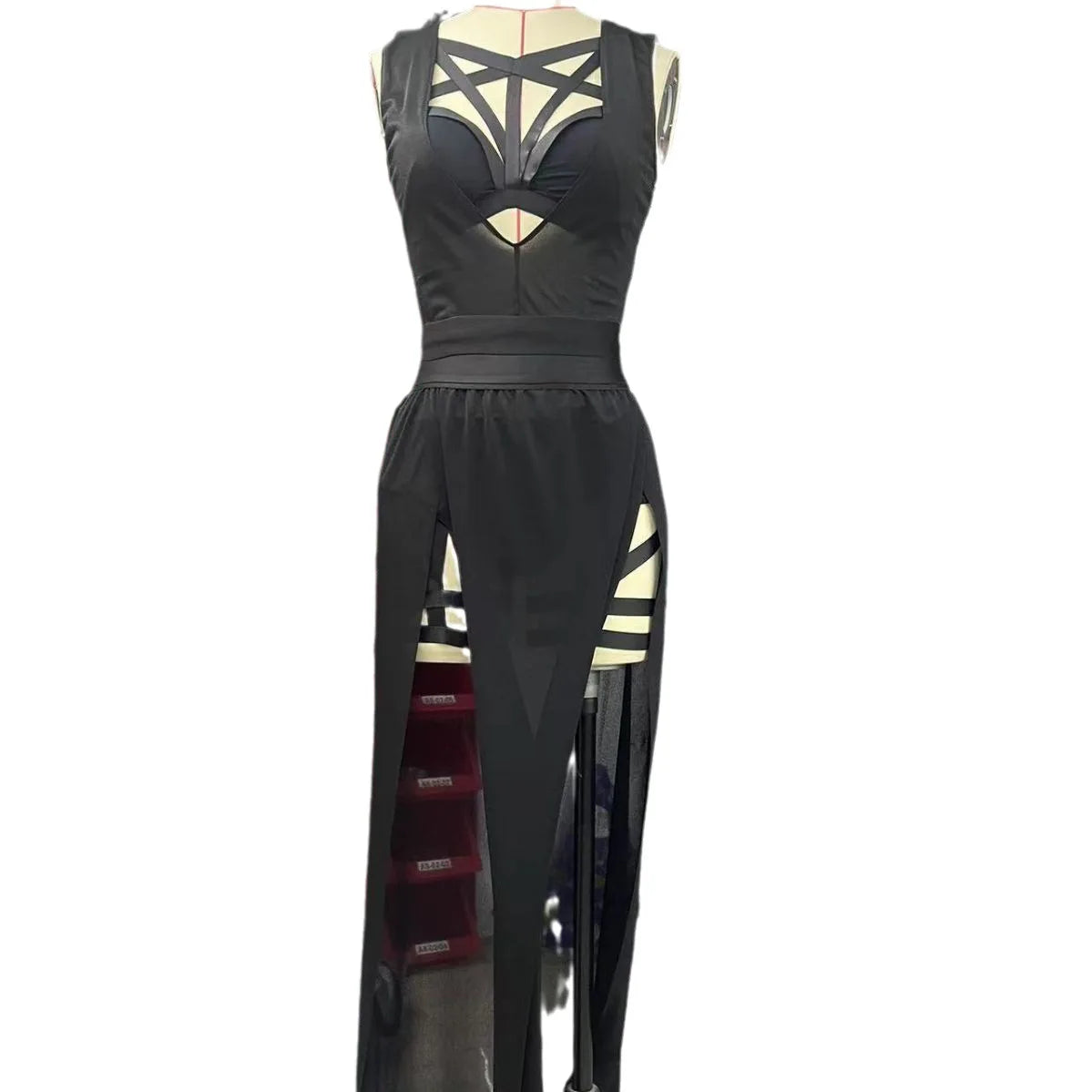 Ensemble Corset Goth 4 Pièces — Crop Top, Bandage & Jupe Fendue Mesh