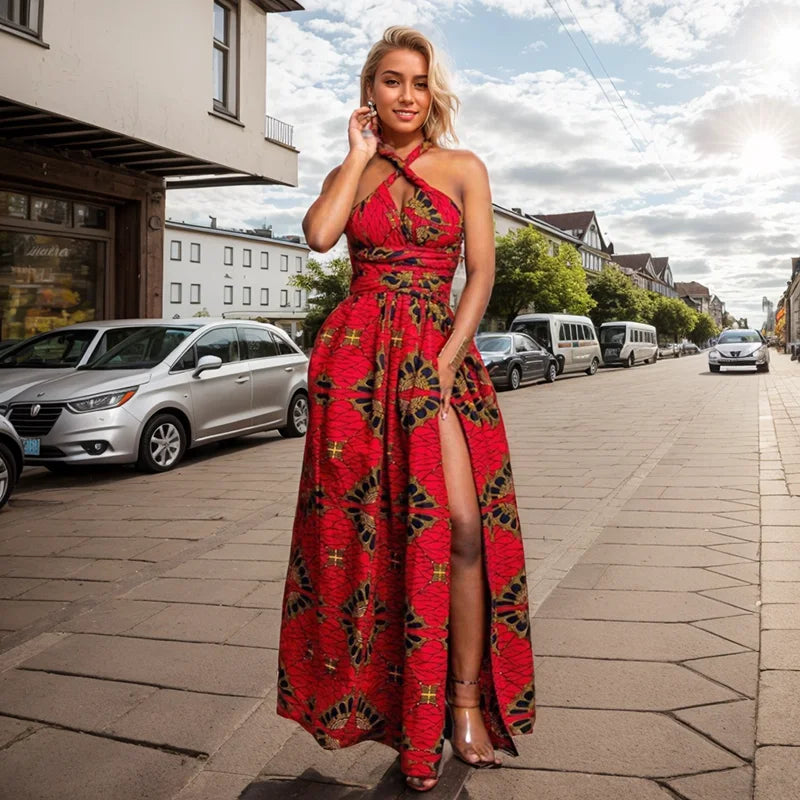 Robe Longue Africaine Imprimée — Dos Nu, Sans Manches, Casual & Soirée