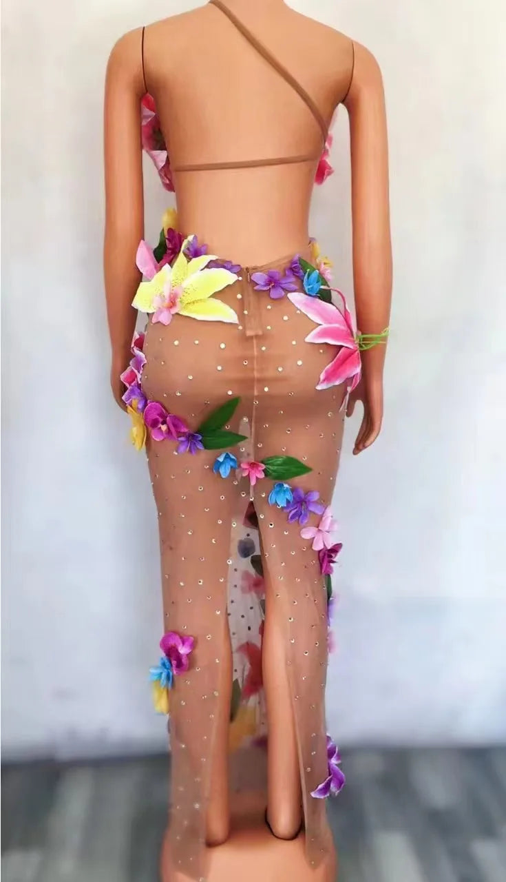 Bikini Fleurs Colorées Transparent Robe Danseuse — Costume Soirée