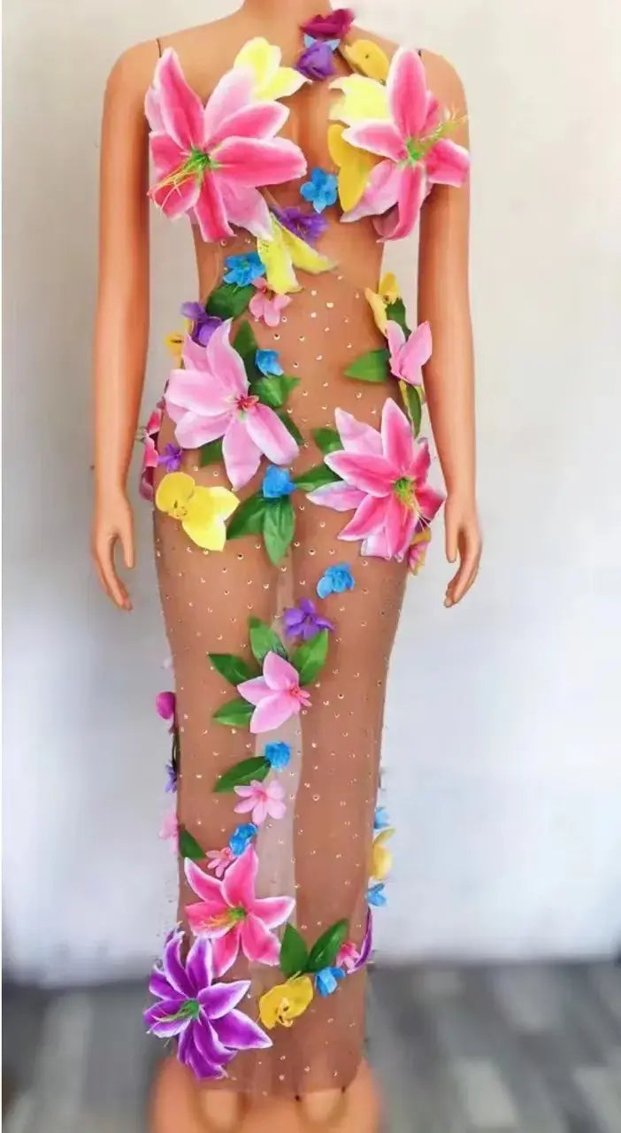 Bikini Fleurs Colorées Transparent Robe Danseuse — Costume Soirée
