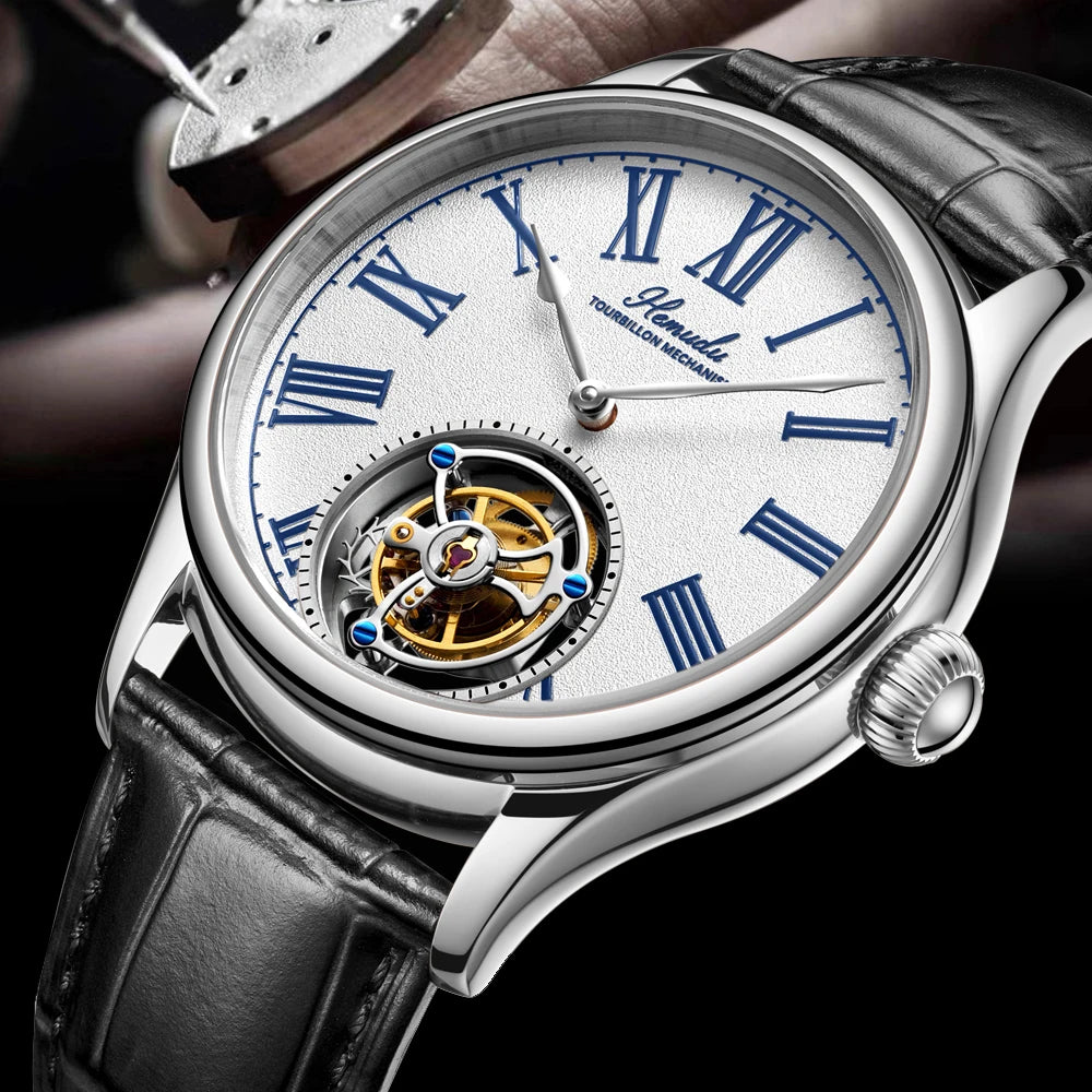 HEMUDU New Original Tourbillon Watch for Men Mechanical Movement Wrist Watches Sapphire Waterproof Mens Roman Scale Dial Classic
