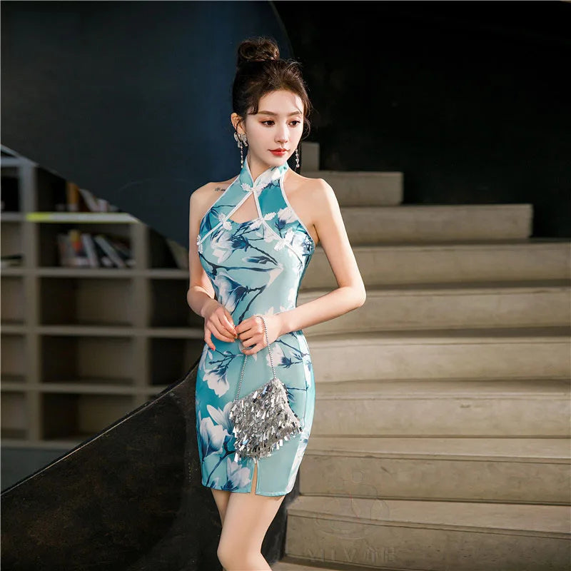 Robe Qipao Chinoise Florale — Dos Nu, Sans Manches, S à 5XL