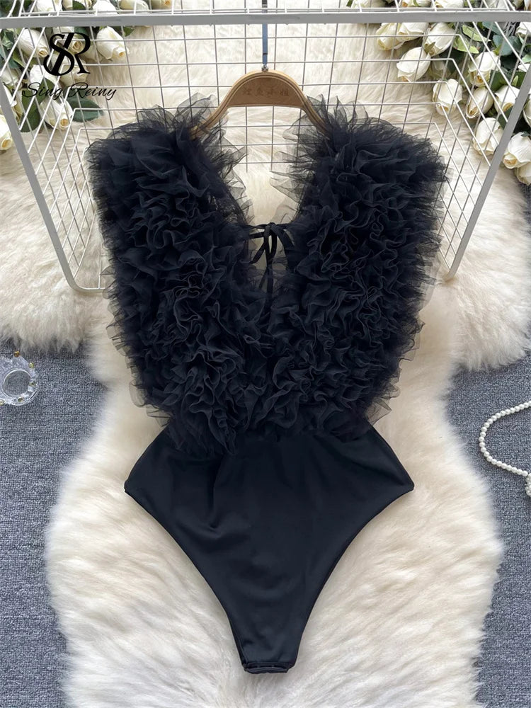 Bodysuit Fleurs 3D Dos Nu Col V Laceré — Streetwear Femme