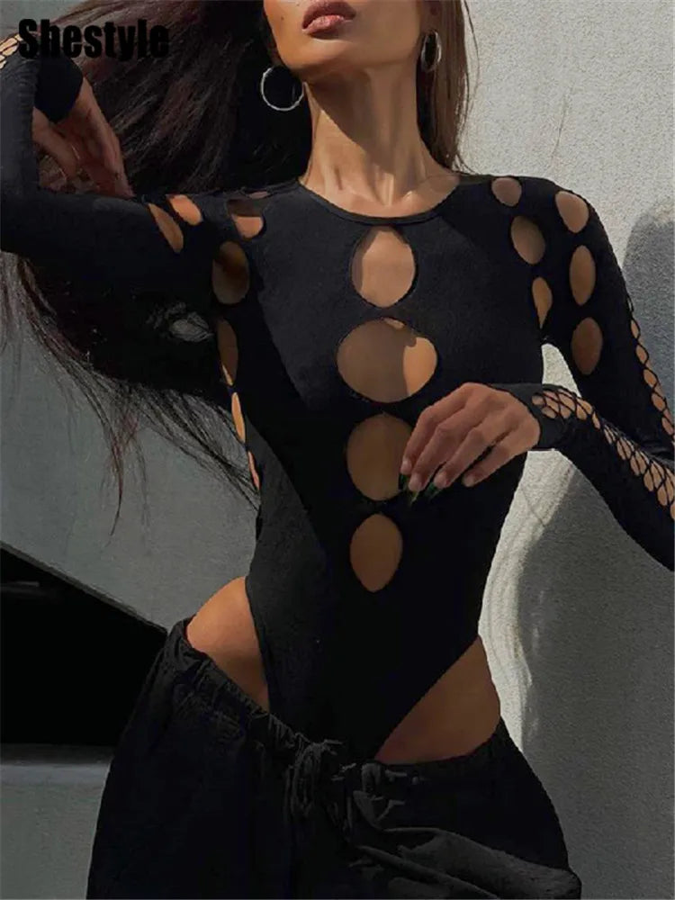 Bodysuit Épaulier Creusé Taille Haute Noir — Halloween Lady