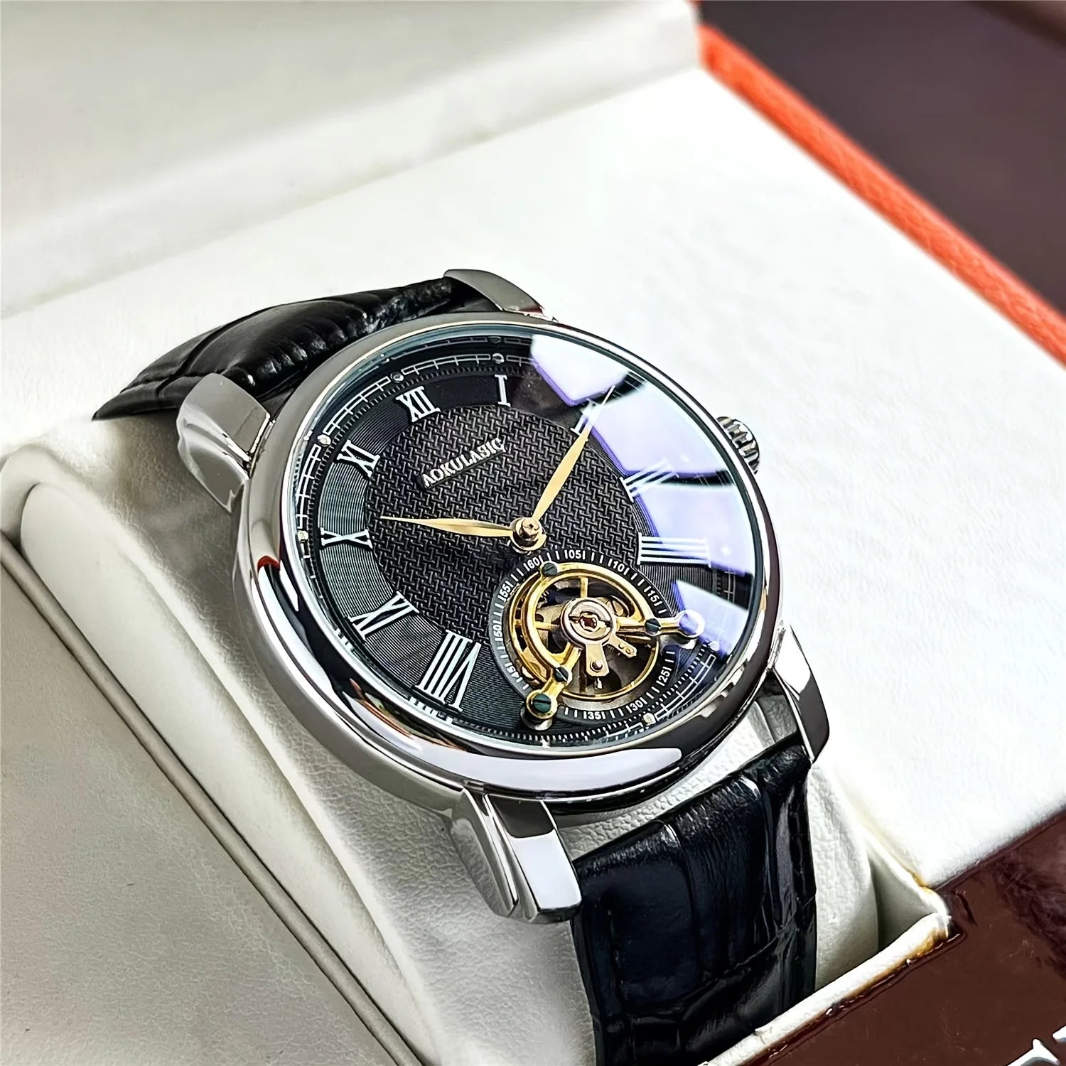 Luxury Men's Automatic Mechanical Watch - Stylish Hollow Design, Fashionable Business Casual Style, Alloy Case and Leather Strap, No Battery