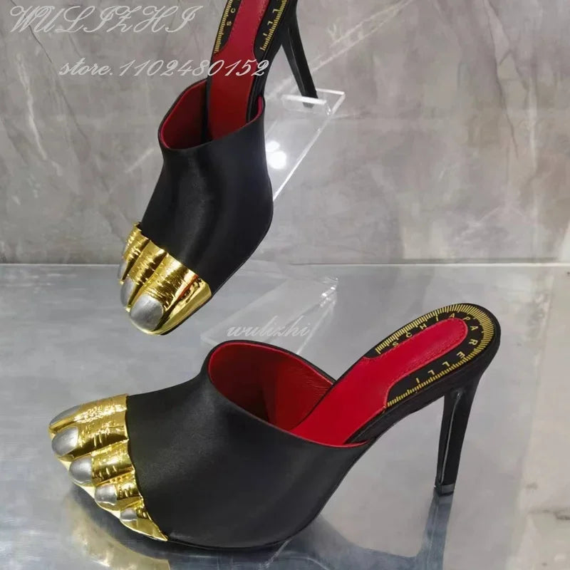 Sandales Stiletto Or 5 Orteils Nœud Bride Cheville — Soirée Femme
