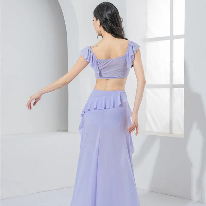 Costume Danse Orientale Gaze — Top Floral & Jupe Fendue Manches Courtes