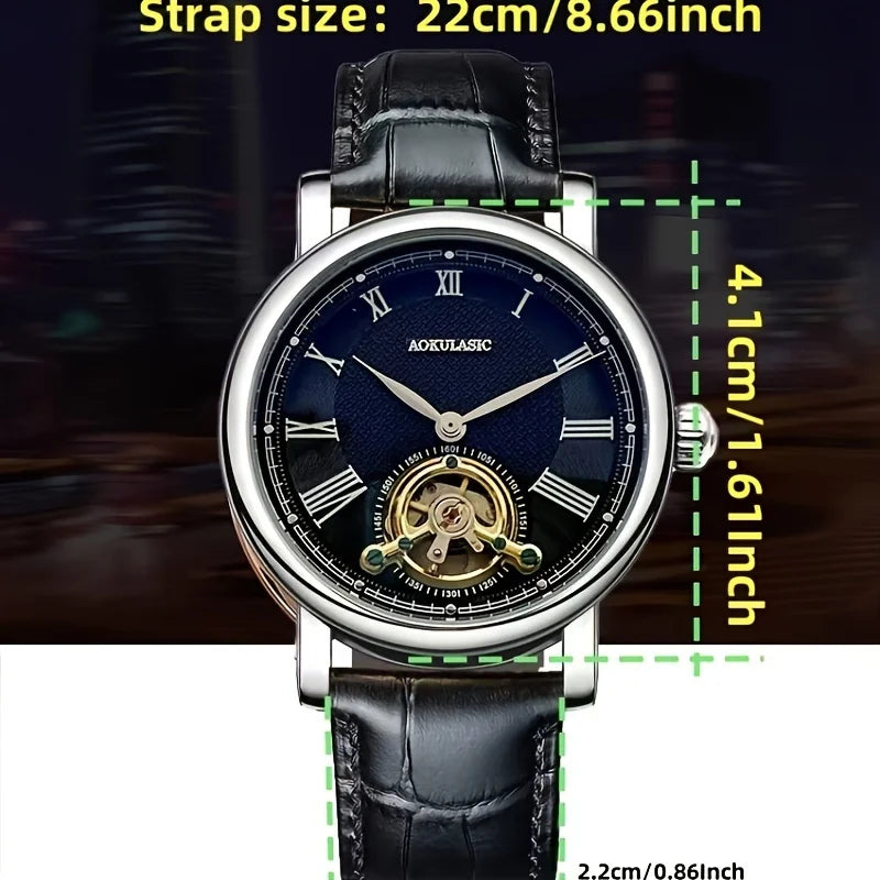 Luxury Men's Automatic Mechanical Watch - Stylish Hollow Design, Fashionable Business Casual Style, Alloy Case and Leather Strap, No Battery