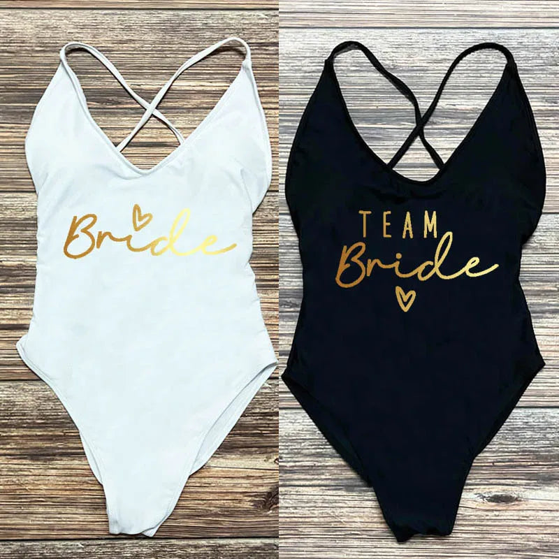 Maillot Une Pièce Team Bride Imprimé Or — EVJF Plage Femme