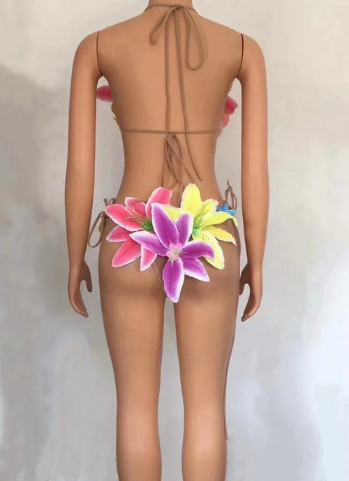 Bikini Fleurs Colorées Transparent Robe Danseuse — Costume Soirée