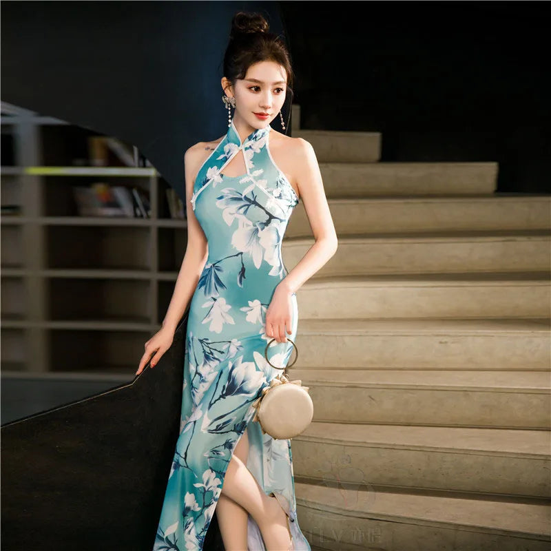 Robe Qipao Chinoise Florale — Dos Nu, Sans Manches, S à 5XL