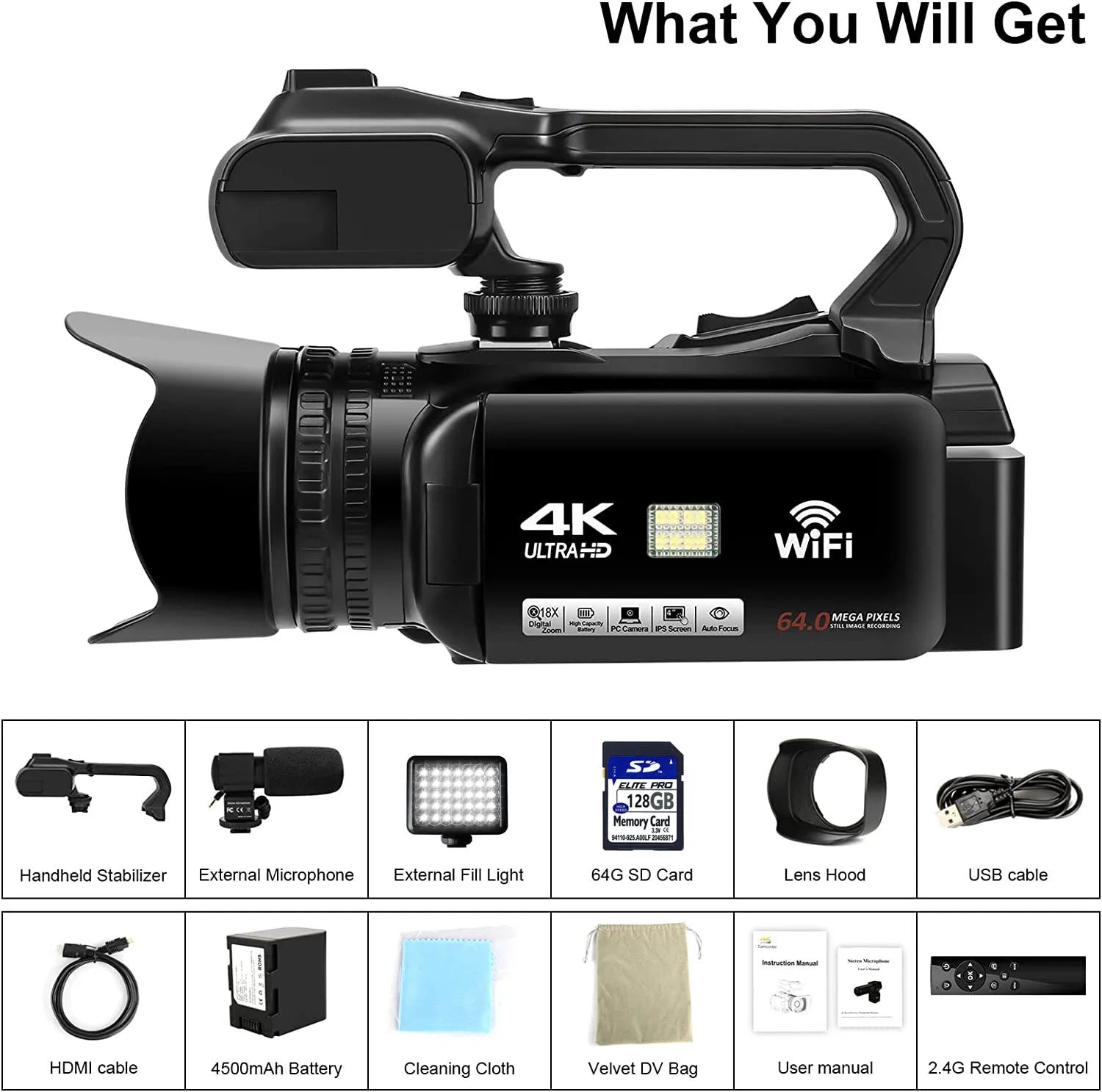 WIFI Camcorder 4K Video Camera 64MP 60FPS HD Auto Focus Vlogging 4.0" Touch Screen 18X Zoom for Live Streaming