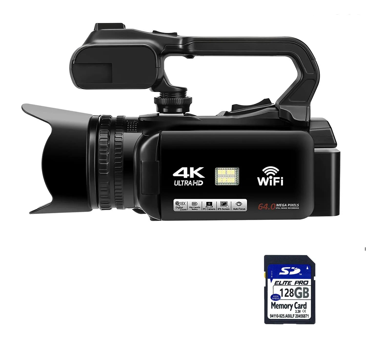 WIFI Camcorder 4K Video Camera 64MP 60FPS HD Auto Focus Vlogging 4.0" Touch Screen 18X Zoom for Live Streaming