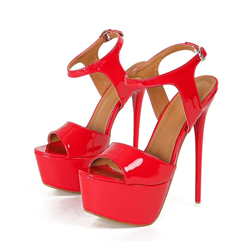 Sandales Plateforme Cuir Verni Noir Talon Ultra-Haut — Grande Taille