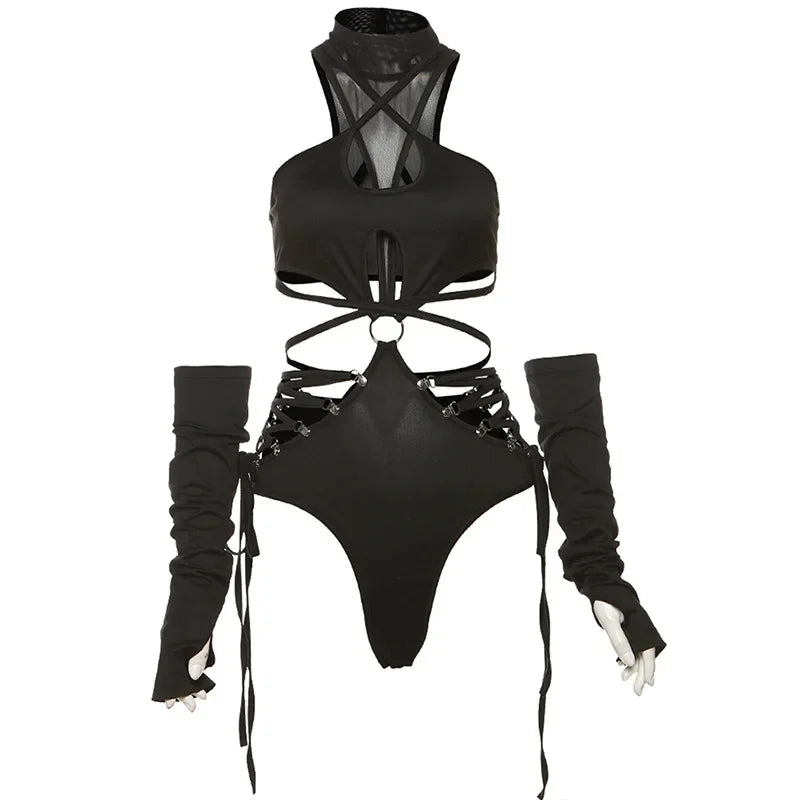Bodysuit Cyber Y2K Mesh Bandage Gants Intégrés Col Mock — Gothic