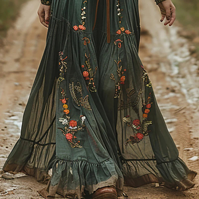 Robe Longue Bohème Florale — Col Chemise, Manches Longues, Maxi Party