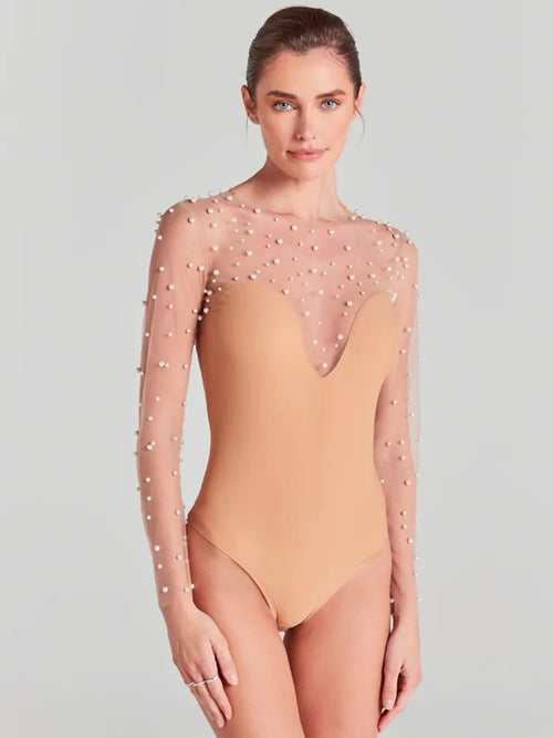 Combinaison Bodycon Perles Blanches Manches Longues — Luxe Femme