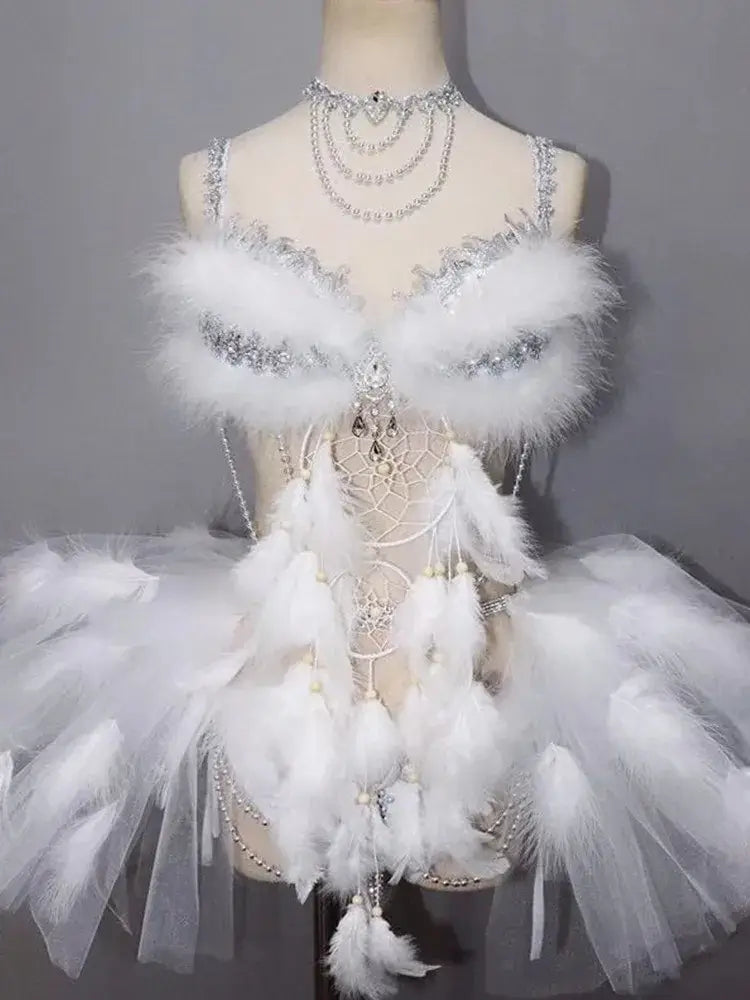 Bikini Plumes Blanches Cristaux Jupe Bulle — Costume Scène Festival