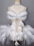 Bikini Plumes Blanches Cristaux Jupe Bulle — Costume Scène Festival