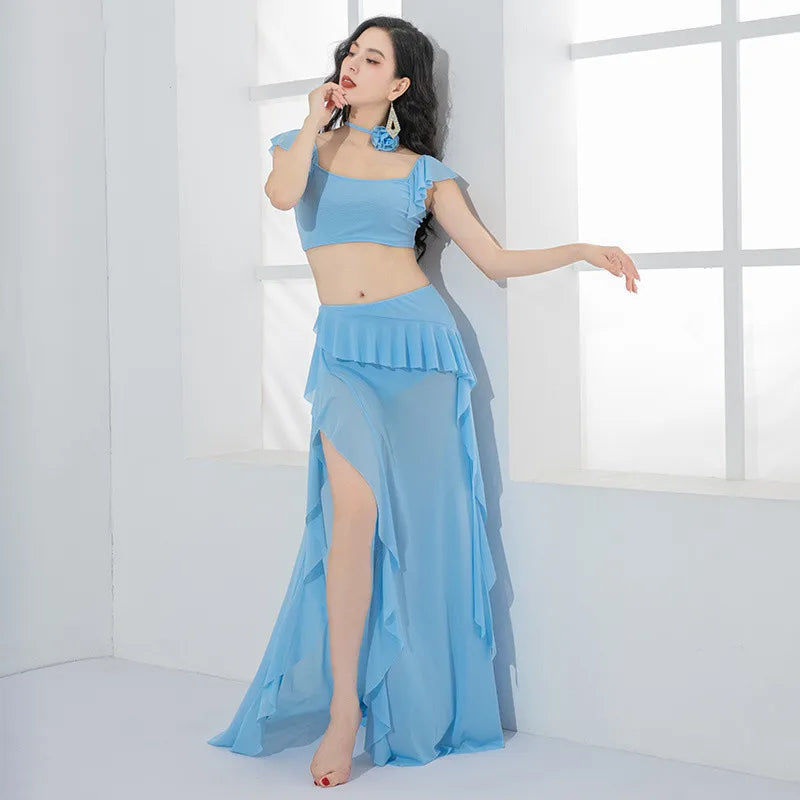 Costume Danse Orientale Gaze — Top Floral & Jupe Fendue Manches Courtes