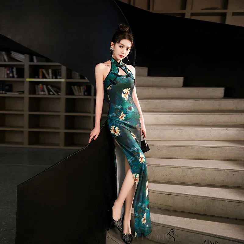 Robe Qipao Chinoise Florale — Dos Nu, Sans Manches, S à 5XL