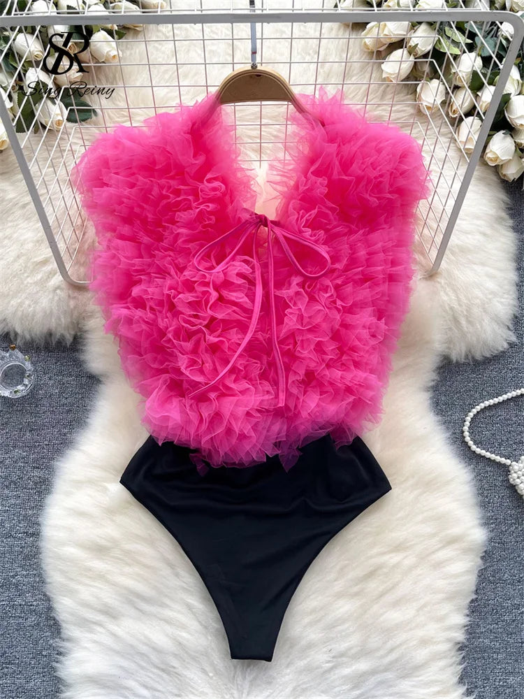 Bodysuit Fleurs 3D Dos Nu Col V Laceré — Streetwear Femme