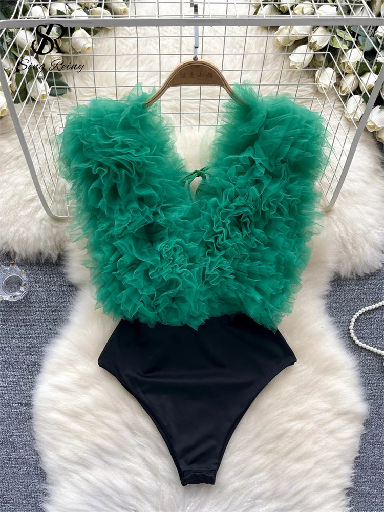 Bodysuit Fleurs 3D Dos Nu Col V Laceré — Streetwear Femme