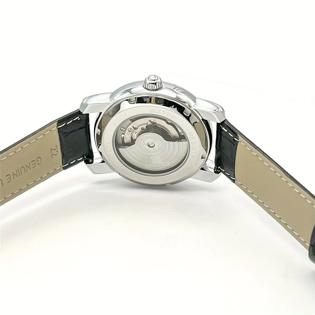 Luxury Men's Automatic Mechanical Watch - Stylish Hollow Design, Fashionable Business Casual Style, Alloy Case and Leather Strap, No Battery