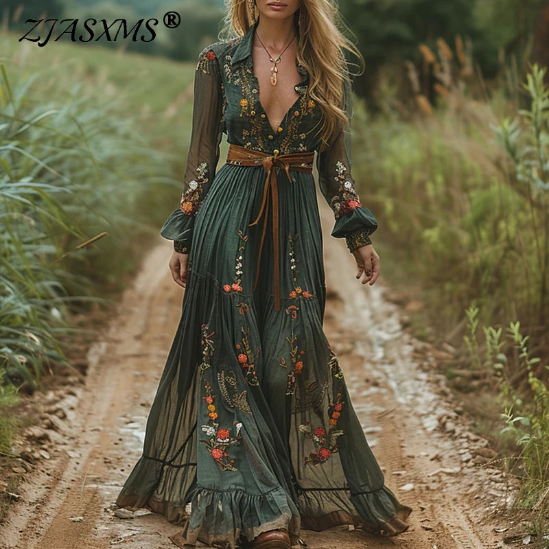 Robe Longue Bohème Florale — Col Chemise, Manches Longues, Maxi Party