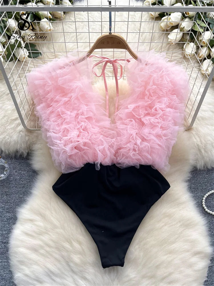 Bodysuit Fleurs 3D Dos Nu Col V Laceré — Streetwear Femme