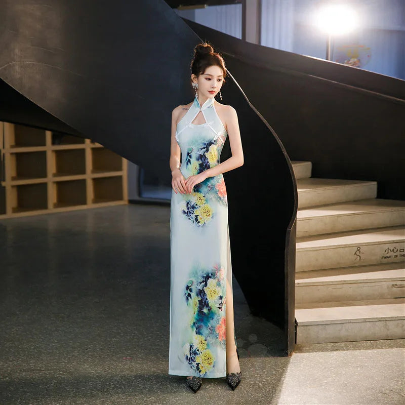 Robe Qipao Chinoise Florale — Dos Nu, Sans Manches, S à 5XL