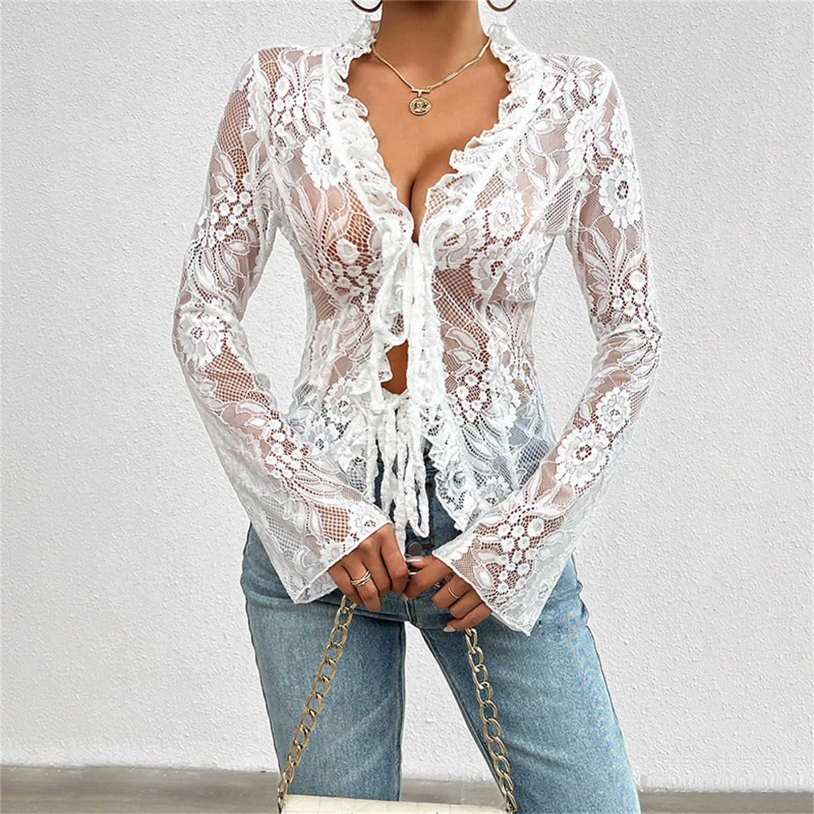 Top Mesh Dentelle Transparent Manches Longues Noué — Club Femme