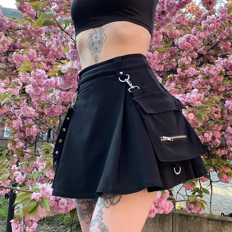 Mini Jupe Bandage Punk Gothic Taille Haute Patchwork — Femme