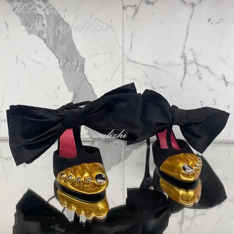 Sandales Stiletto Or 5 Orteils Nœud Bride Cheville — Soirée Femme