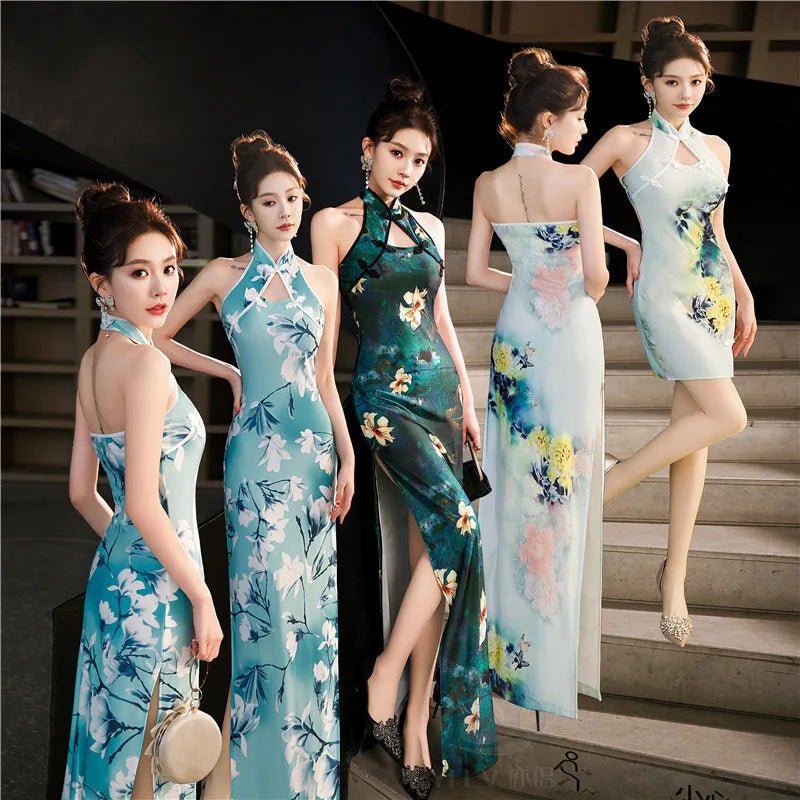 Robe Qipao Chinoise Florale — Dos Nu, Sans Manches, S à 5XL