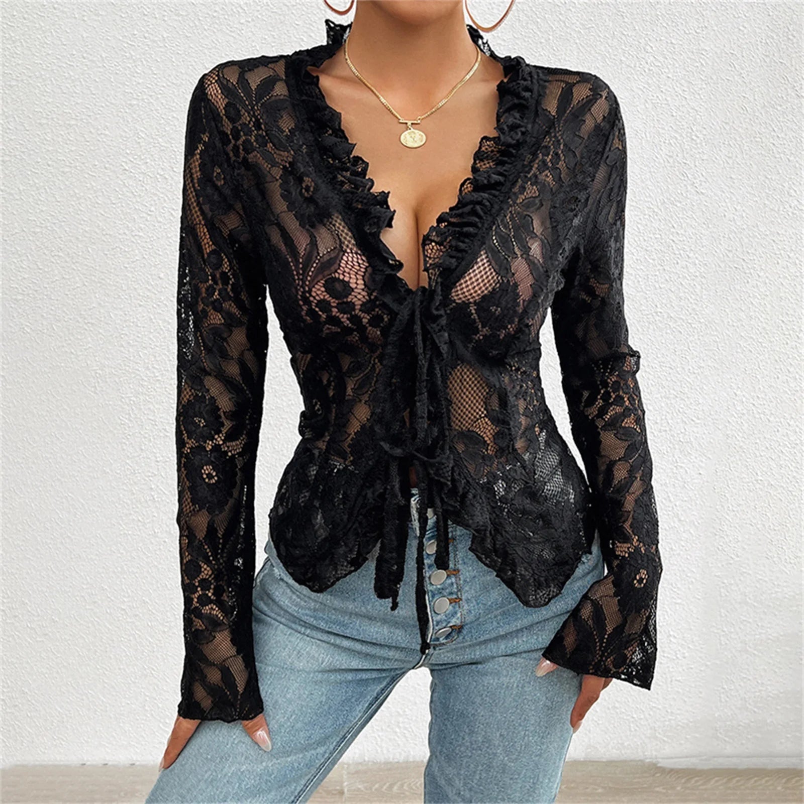 Top Mesh Dentelle Transparent Manches Longues Noué — Club Femme