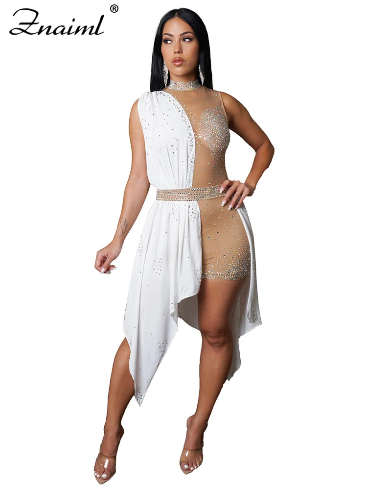 Combinaison Nightclub Znaiml — Strass, Mesh, Asymétrique, Anniversaire