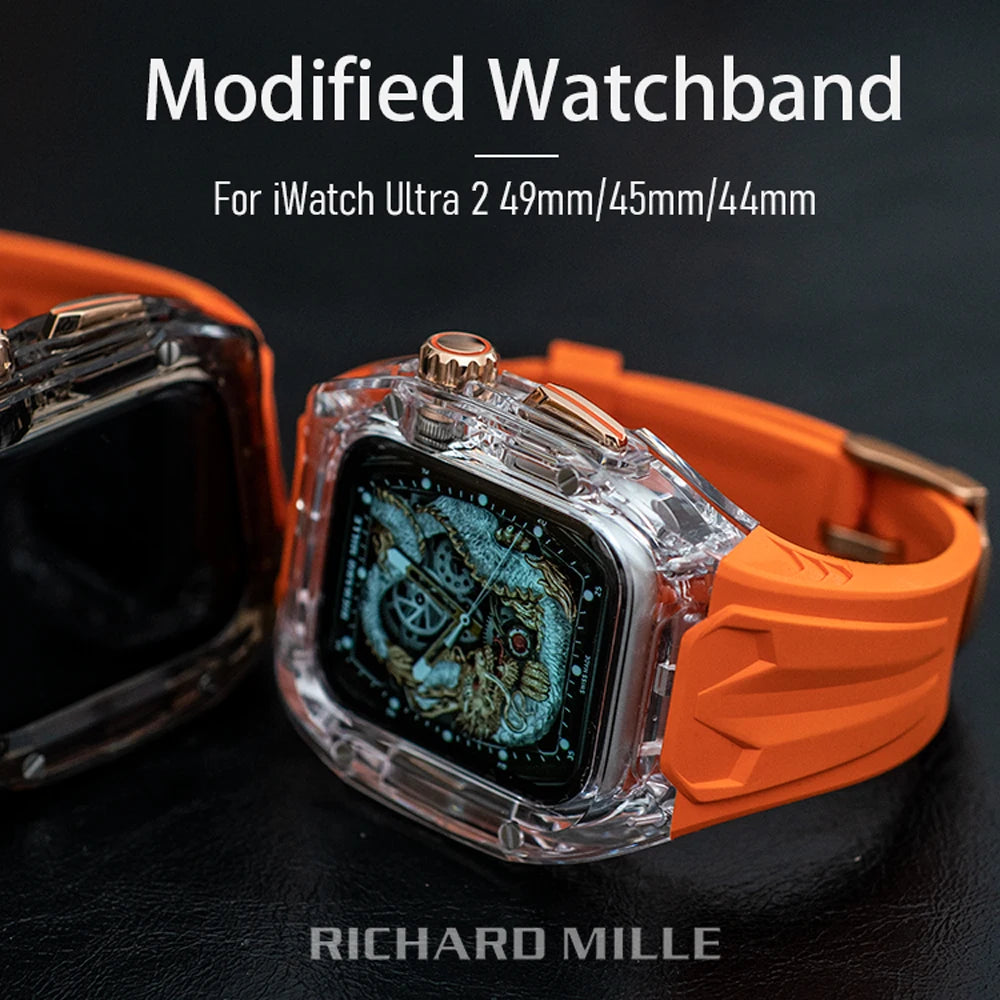 Crystal Modify Case+Watchband for iWatch Series10 46mm 42mm Ultra 2 49mm 45mm RICHARD Mile Style Silicoen Strap Modification Ki