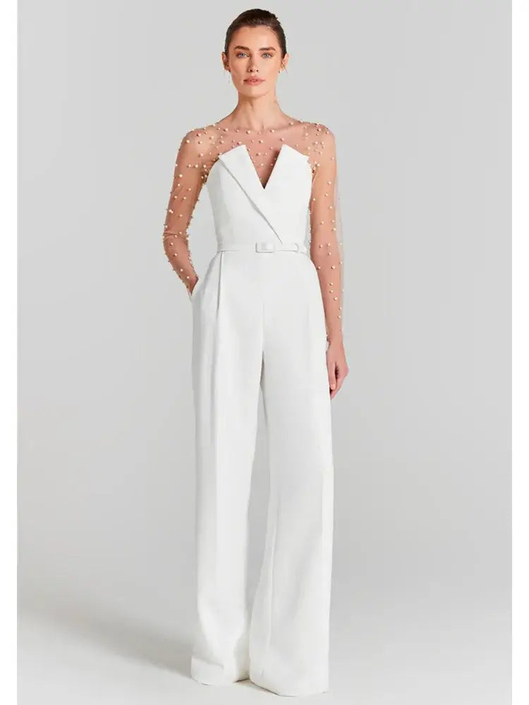 Combinaison Bodycon Perles Blanches Manches Longues — Luxe Femme