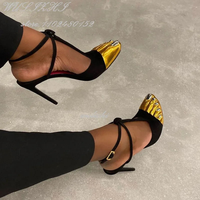 Sandales Stiletto Or 5 Orteils Nœud Bride Cheville — Soirée Femme