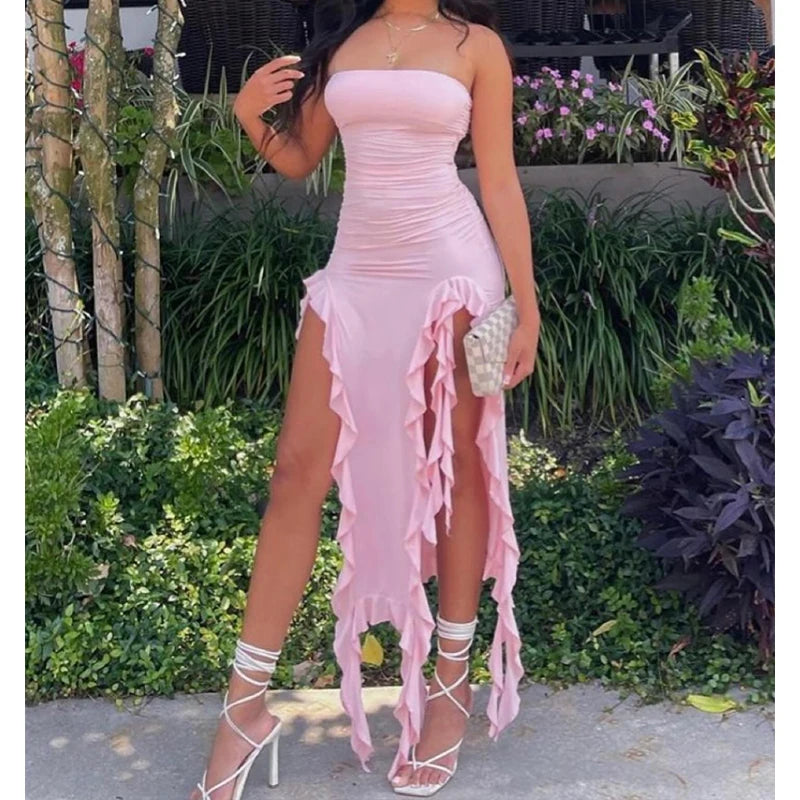 Mini Robe Fleurie Sans Bretelles Fente Haute Dos Nu — Soirée Femme