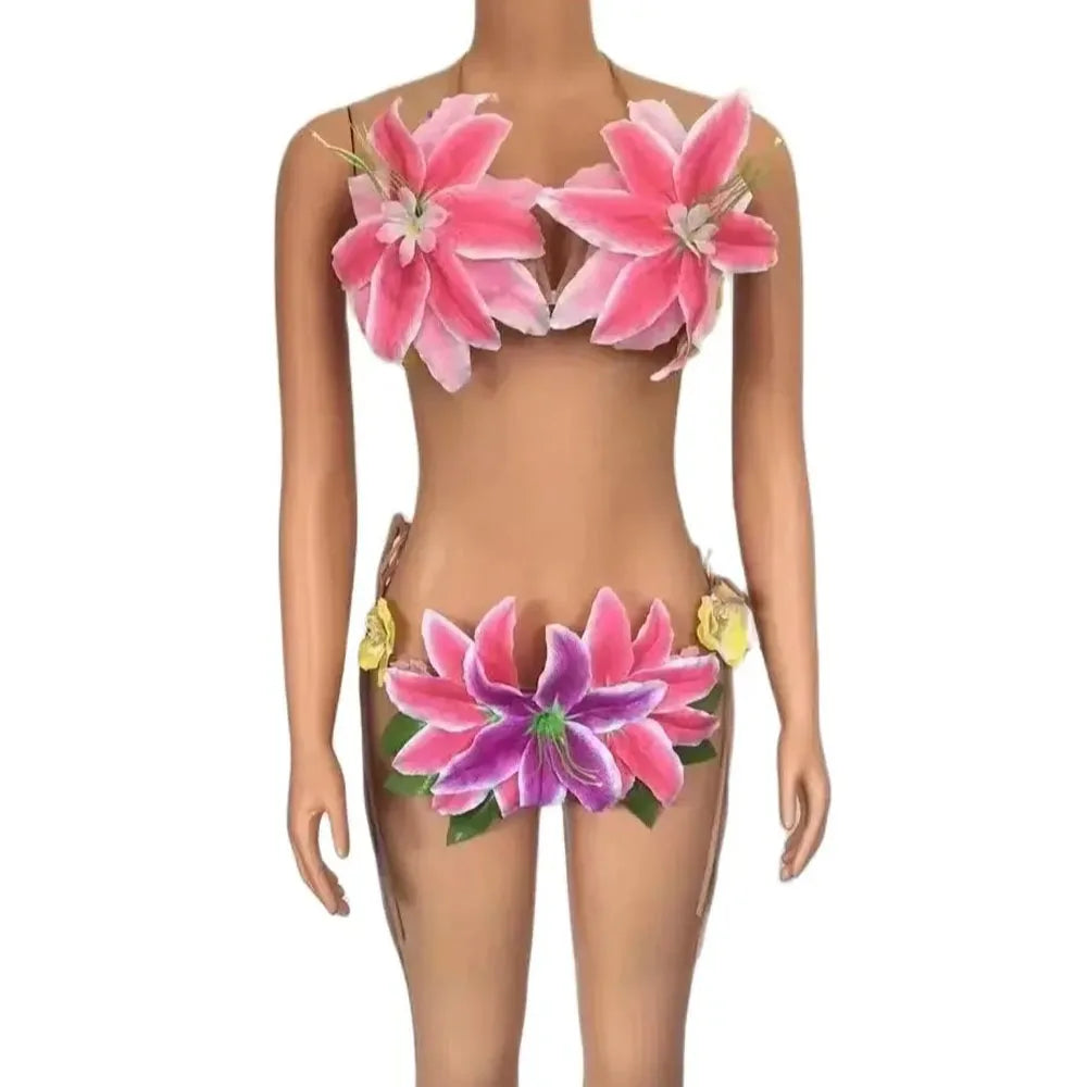 Bikini Fleurs Colorées Transparent Robe Danseuse — Costume Soirée