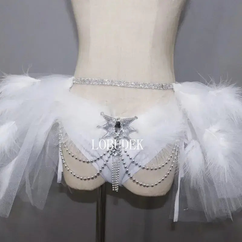 Bikini Plumes Blanches Cristaux Jupe Bulle — Costume Scène Festival