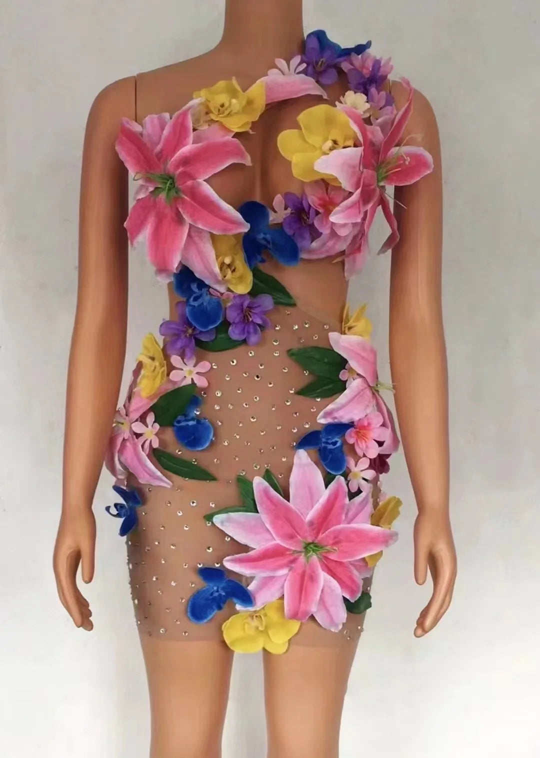 Bikini Fleurs Colorées Transparent Robe Danseuse — Costume Soirée