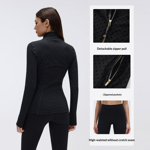 Black Polka - Dot Yoga Leggings And Stand - Up Collar Jacket A Slimming, Figure - Hugging Sportswear Set - SUKSU - selling
