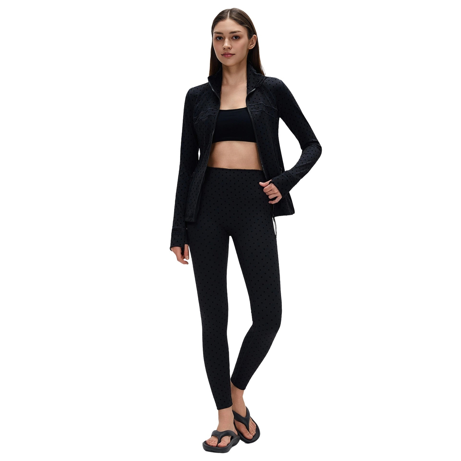 Black Polka - Dot Yoga Leggings And Stand - Up Collar Jacket A Slimming, Figure - Hugging Sportswear Set - SUKSU - selling