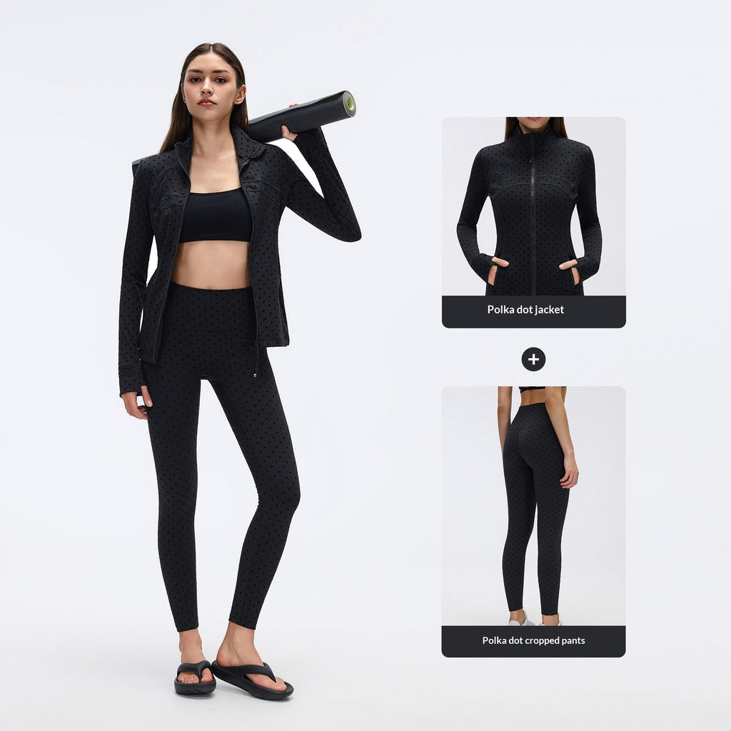 Black Polka - Dot Yoga Leggings And Stand - Up Collar Jacket A Slimming, Figure - Hugging Sportswear Set - SUKSU - selling
