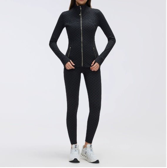 Black Polka - Dot Yoga Leggings And Stand - Up Collar Jacket A Slimming, Figure - Hugging Sportswear Set - SUKSU - selling